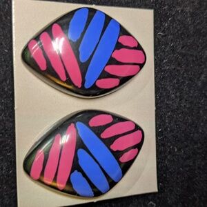 AVON Vintage Art Color Pierced Earrings, Fuchsia/Blue/Black, NWT NOS